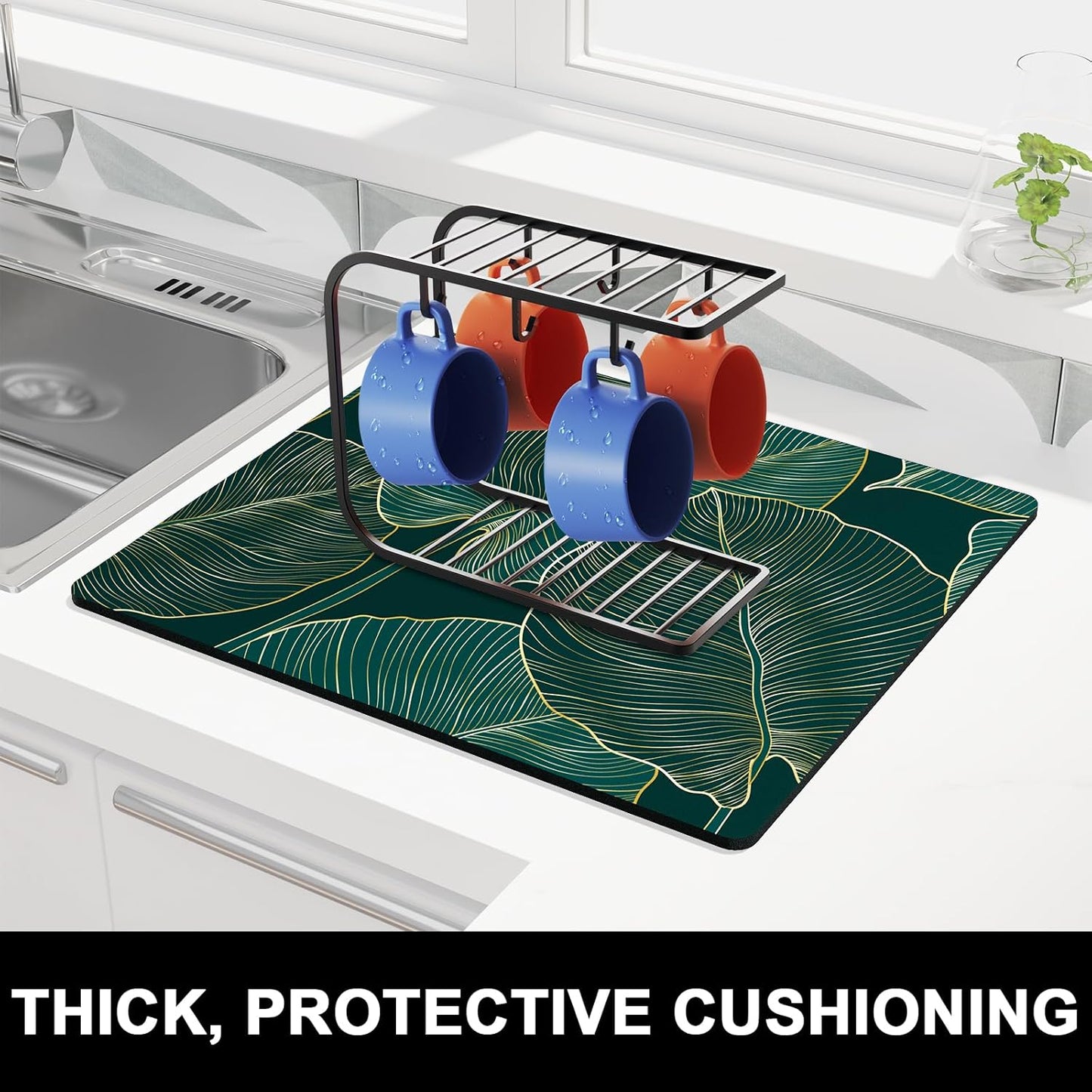 Rnivvi Dish Drying Mat for Kitchen Counter, 16 x 18" Boho Theme Absorbent Heat Resistant Drying Pad with Non-slip Rubber, Coffee Bar Mats for Dish Rack Kitchen Decor Accessories, Tropical Palm