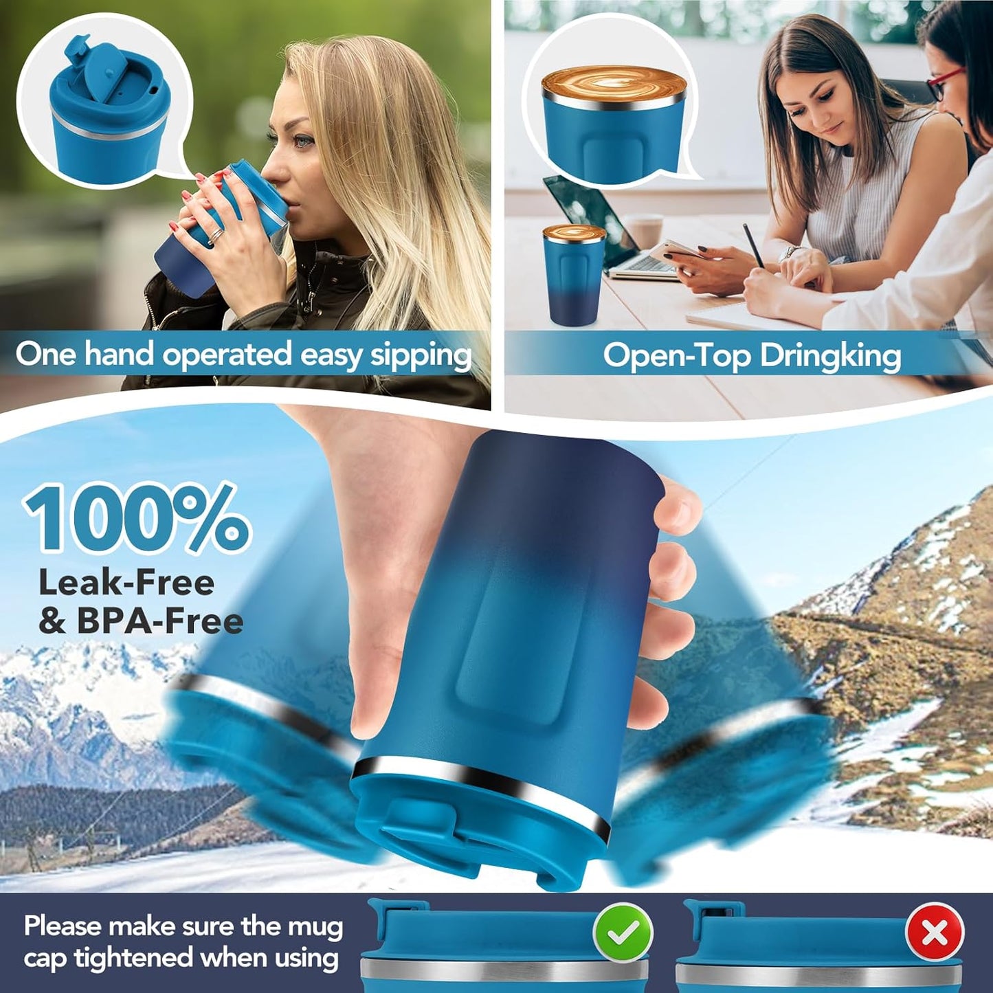 Volhoply 12 oz Double Wall Insulated Vacuum Travel Coffee Mugs with Flip Lid Bulk 2 Pack,Reusable Stainless Steel Leak Proof Coffee Cup,Portable Cafe Thermal Tumbler for Hot & Cold Drinks(Mix,2 Set)