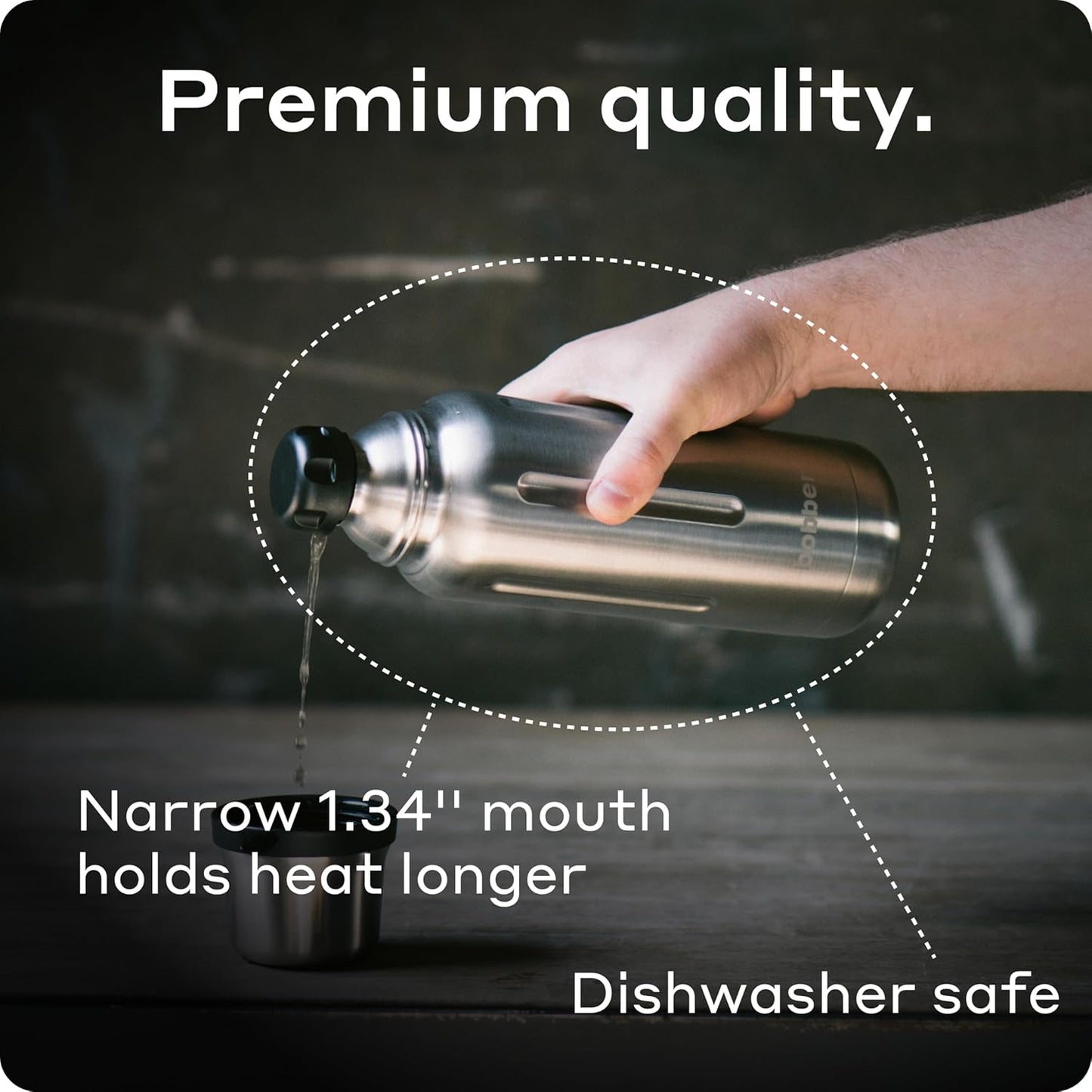 BOBBER 26 oz Stainless Steel Travel Thermos for Hot Drinks – Dishwasher Safe Metal Water Bottle with Cup Lid for Men, Hiking, Travel – Keeps Hot for 36 Hours – BPA-Free, Vacuum Insulated (Iced Water)