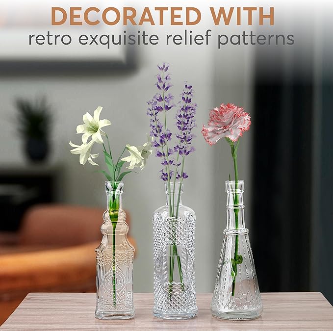 Small Vintage Glass Bottles with Corks, Mini Vases, Decorative Glass Bottle, Potion Bottles, Assorted Design - Set of 14 assorted design 5oz 6.5-7 inch tall 1.8-2.inch wide.