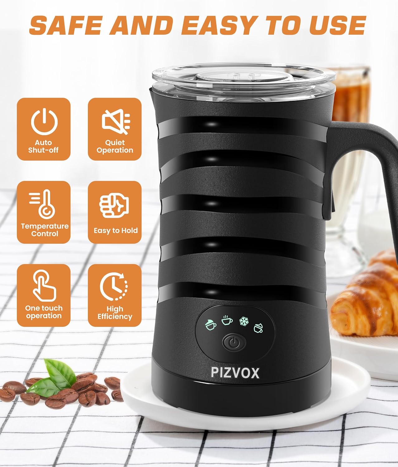 4-in-1 Electric Milk Frother and Steamer - Versatile & Quiet Foam Maker with Automatic Shut-Off - Perfect for Lattes, Cappuccinos, Macchiato - Large 350ml Capacity for Home Baristas (Black2)