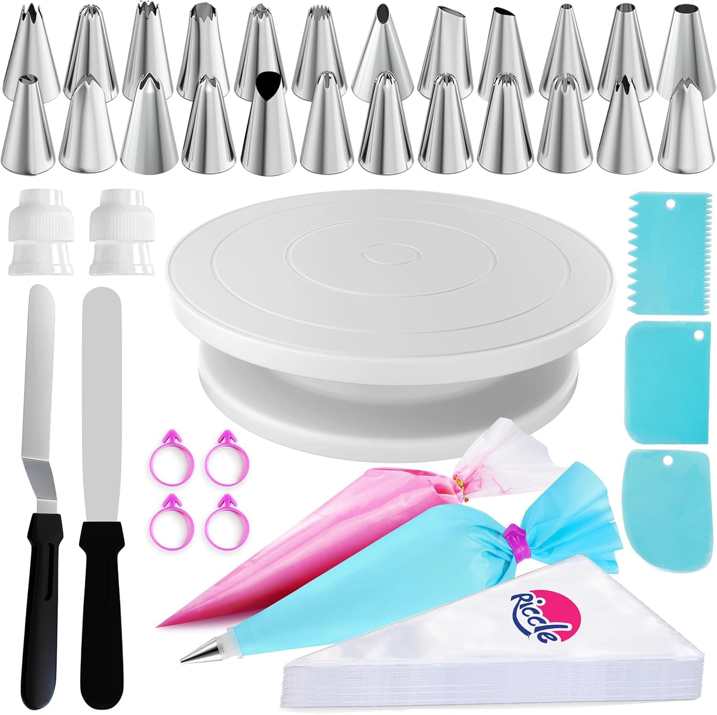 Riccle 88 pcs Cake Decorating Kit with Cake Turntable - Includes 50 Disposable + 2 Reusable Piping Bags and Tips Set, 24 Icing Piping Tips, 2 Spatulas, 3 Icing Comb Scraper, Baking Supplies