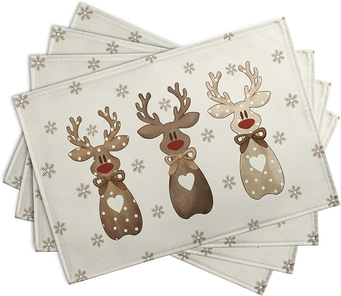 Christmas Reindeer Snowflakes Placemats Set of 4 Xmas Cute Elk Deer Place Mats 12x18 Seasonal Winter Holiday Farmhouse Linen Table Mats for Party Kitchen Dining Outdoor Indoor Decor