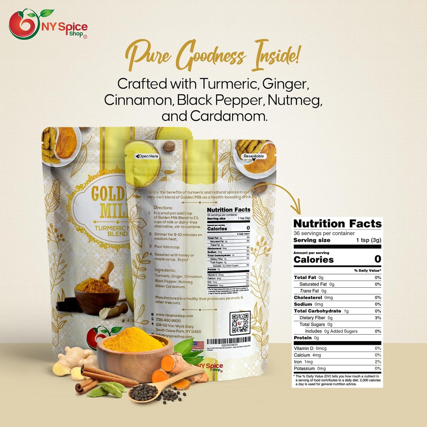 NY SPICE SHOP Golden Milk Superfood Powder – 4 Oz (Ounce) Instant Latte Mix Superfood with Turmeric - Superfood Blend of Turmeric, Cinnamon, Ginger, Black Pepper, Nutmeg, Green Cardamom