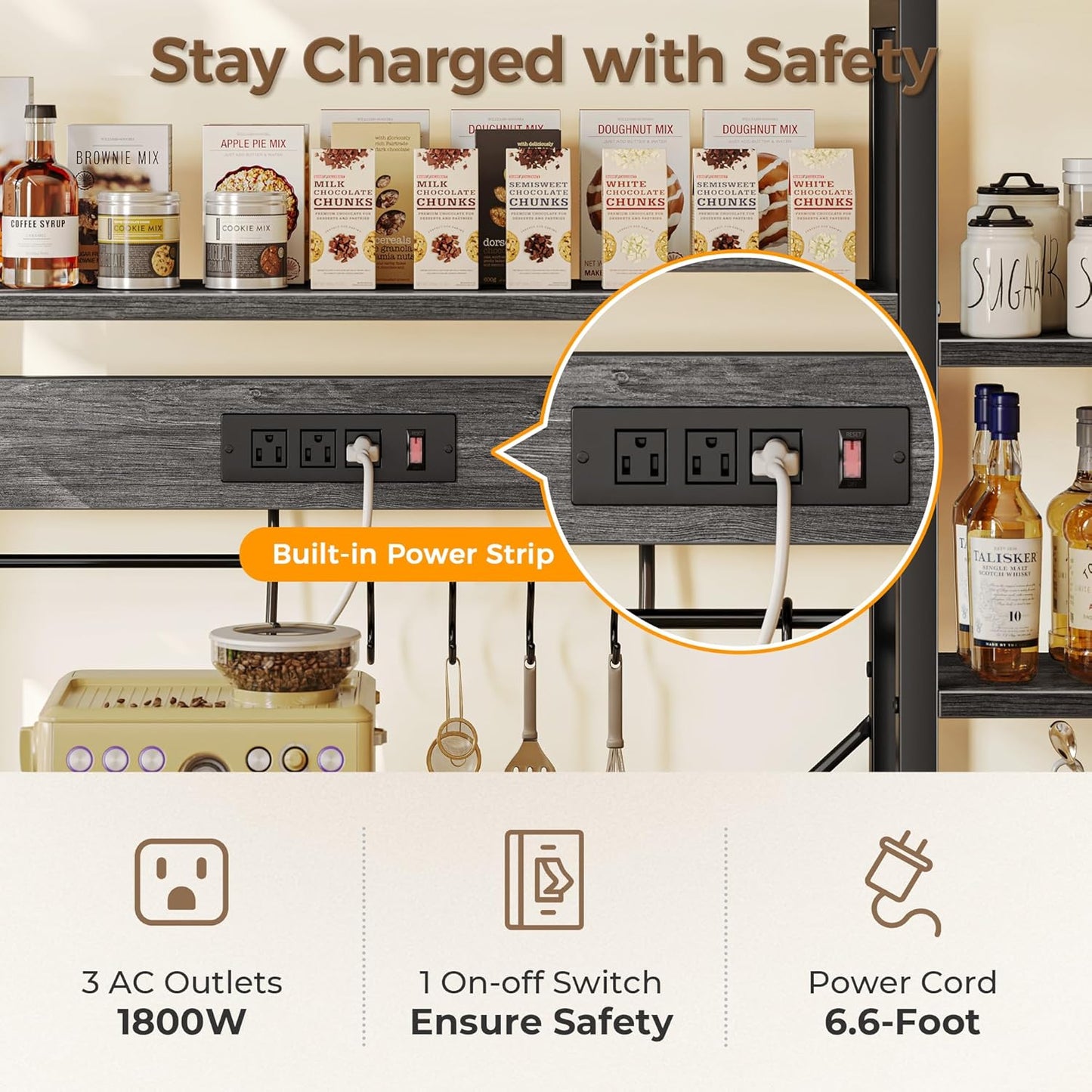 SUPERJARE Larger Bakers Rack with Power Outlets, 6-Tier Microwave Stand, Coffee Bar with 12 S-Shaped Hooks, Kitchen Shelf with Wire Basket, 47.2 x 15.5x 66.9 Inches, Grey