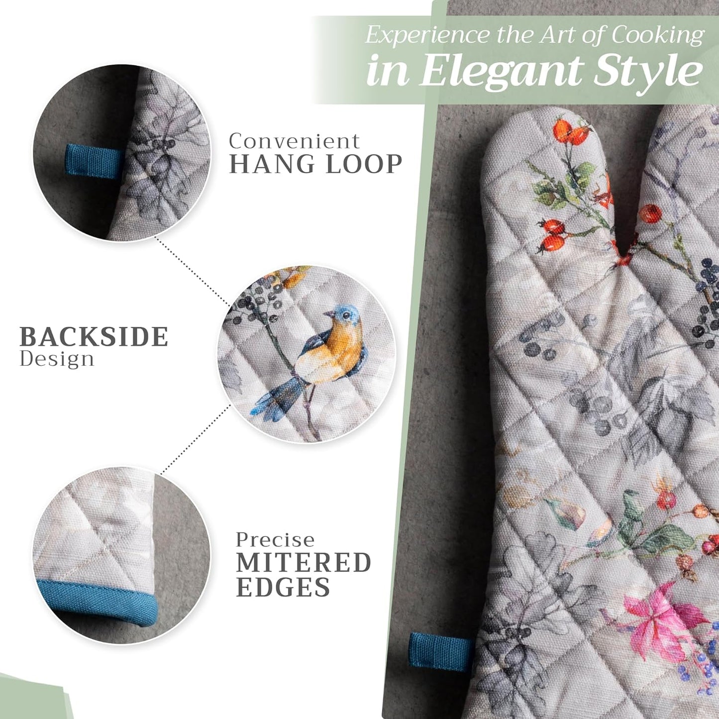 Maison d' Hermine 100% Cotton Oven Mitt & Pot Holder Set (7.5"x13" & 8"x8") Heat Resistant BBQ Cooking Gloves with Loop, Baking, Grilling, Kitchen, Handling Hot Pans (Equinoxe - Grey)