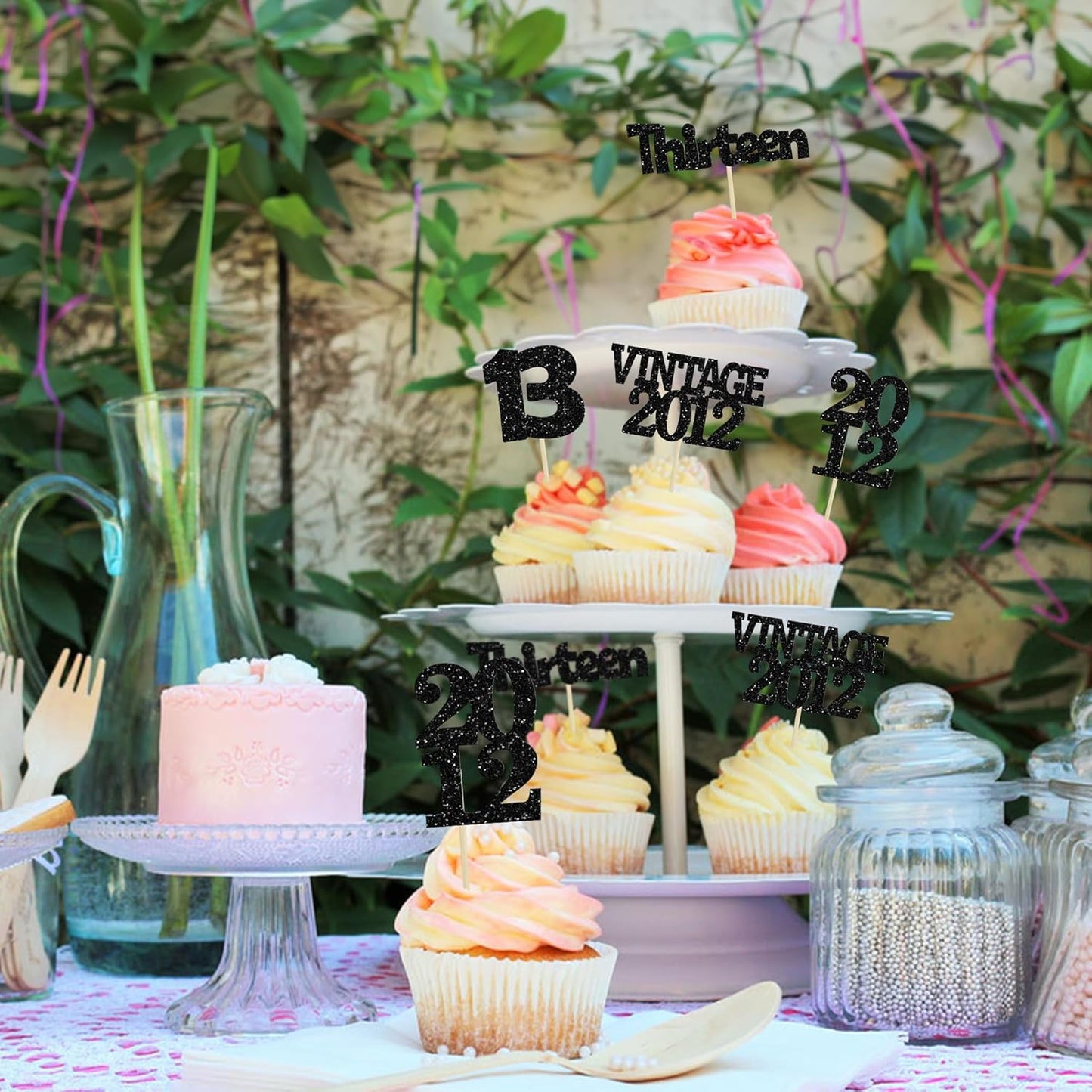 Gyufise 24Pcs 13th Birthday Cupcake Toppers Glitter Thirteen Vintage 2012 Official Teenager 13 Cupcake Picks 13 Years Birthday Cake Decorations for Happy 13th Anniversary Party Supplies Black