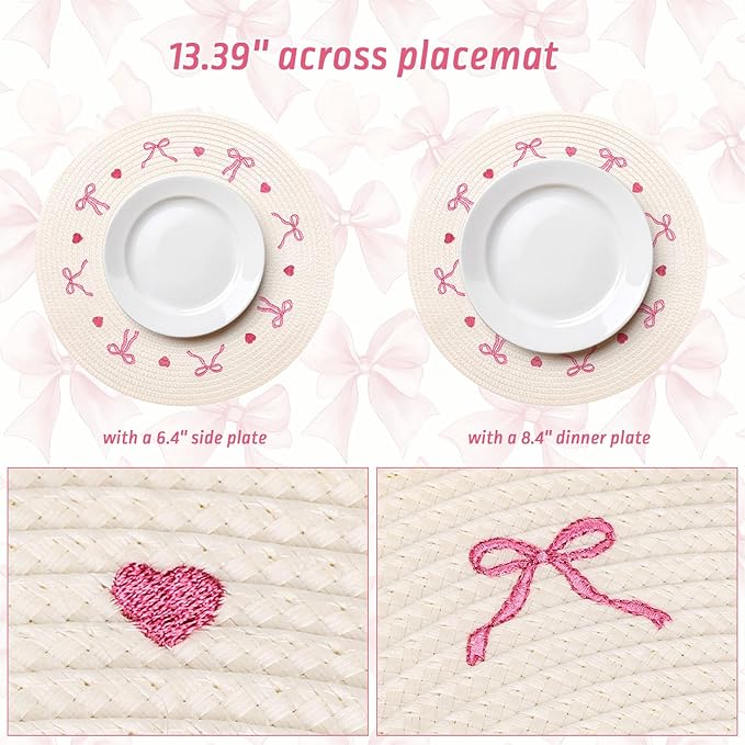 Whaline 4Pcs Round Placemats White Pink Bow Embroidered Place Mats Coquette Bowknot Heart Dinner Table Mats for Home Wedding Baby Shower Birthday Party Decor