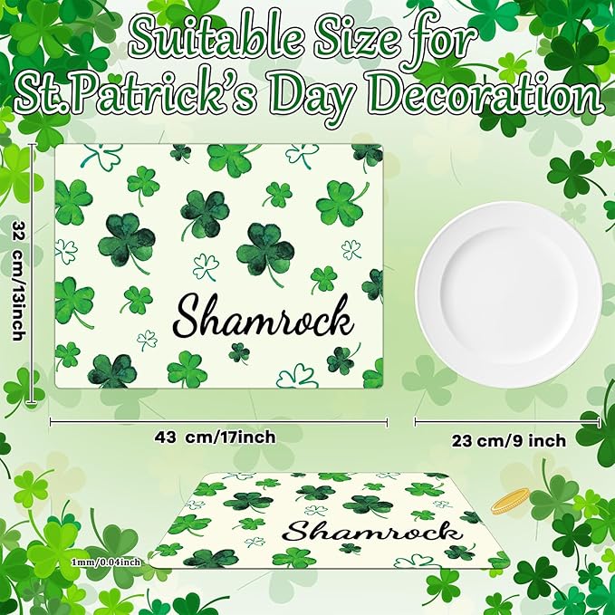 St. Patrick's Day Placemats Set of 6 Reusable Lucky Shamrock Plastic Table Mats Easy Clean Clover Place Mats Wipeable Spring Irish Table Decoration for Indoor Outdoor Party Kitchen Dining