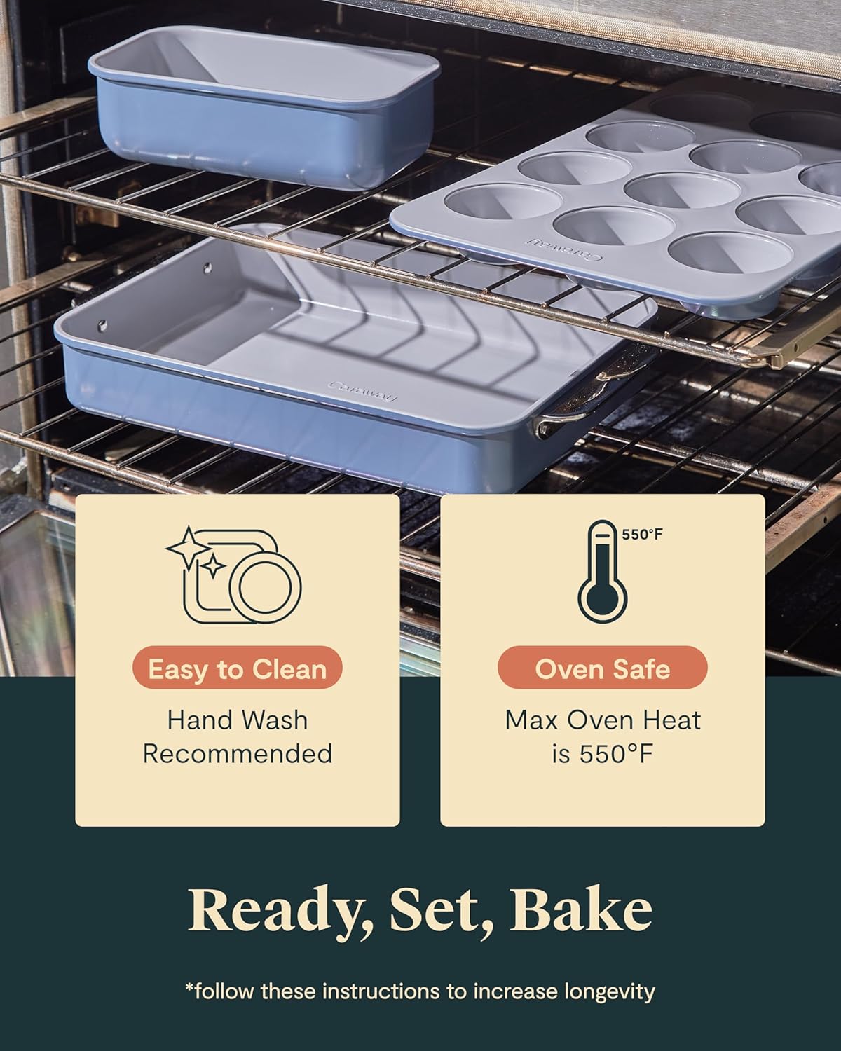 Caraway Nonstick Ceramic Bakeware Set (11 Pieces) - Baking Sheets, Assorted Baking Pans, Cooling Rack, & Storage - Aluminized Steel Body - Non Toxic, PTFE & PFOA Free - White