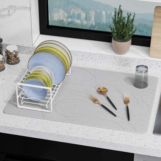 Large Stone Drying Mat for Kitchen Counter, 24" × 16" Diatomite Dish Drying Mat, Quick Dry Stone Mats, Ultra Absorbent Natural Diatomaceous Earth Mats for Dished, Bottles, Light Grey