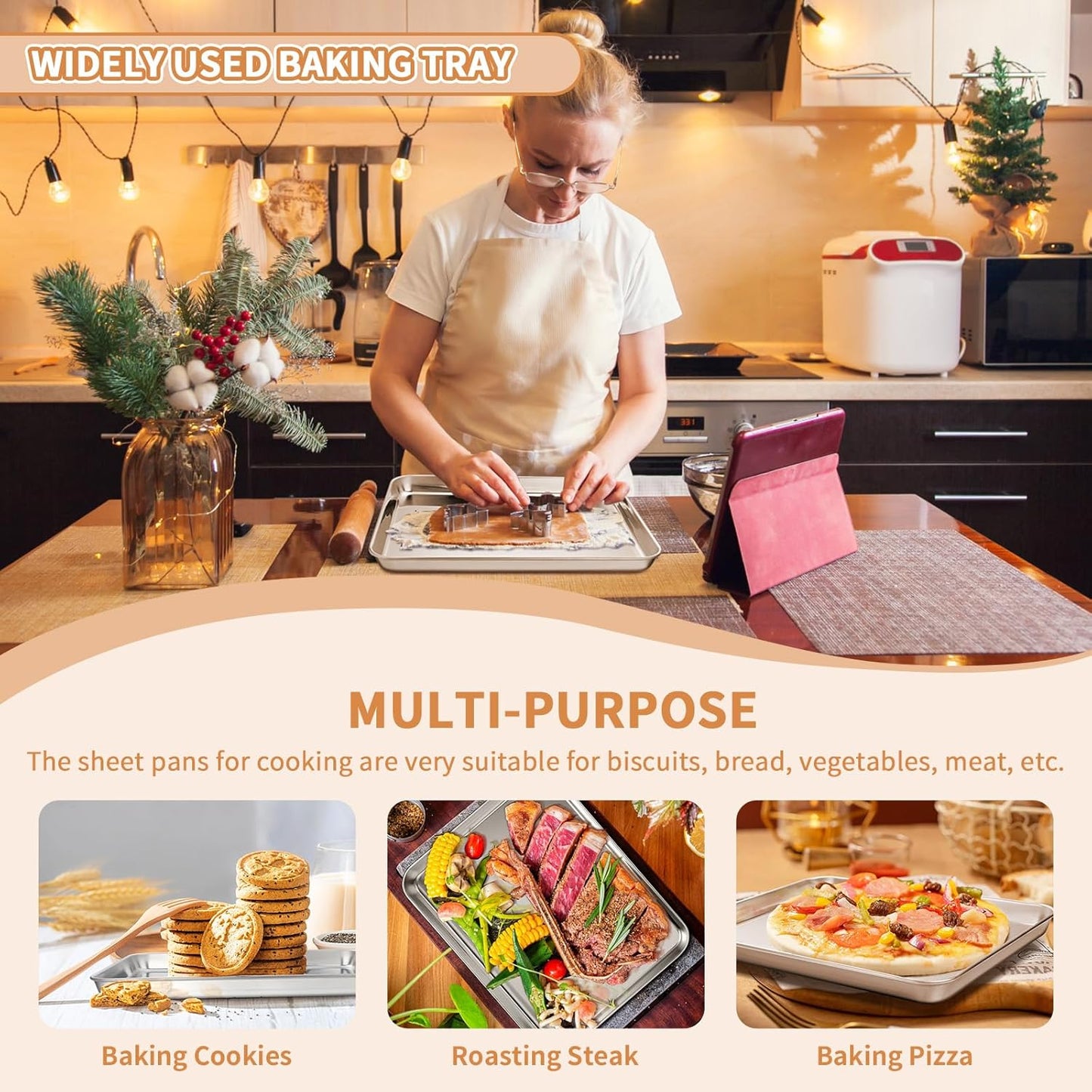 Stainless Steel Baking Sheet Set of 2, Deedro Cookie Sheet Metal Baking Pan Oven Tray, Non Toxic & Heavy Duty, Rust Free & Mirror Finish, Easy Clean & Dishwasher Safe, 9 x 7 x 1 Inch