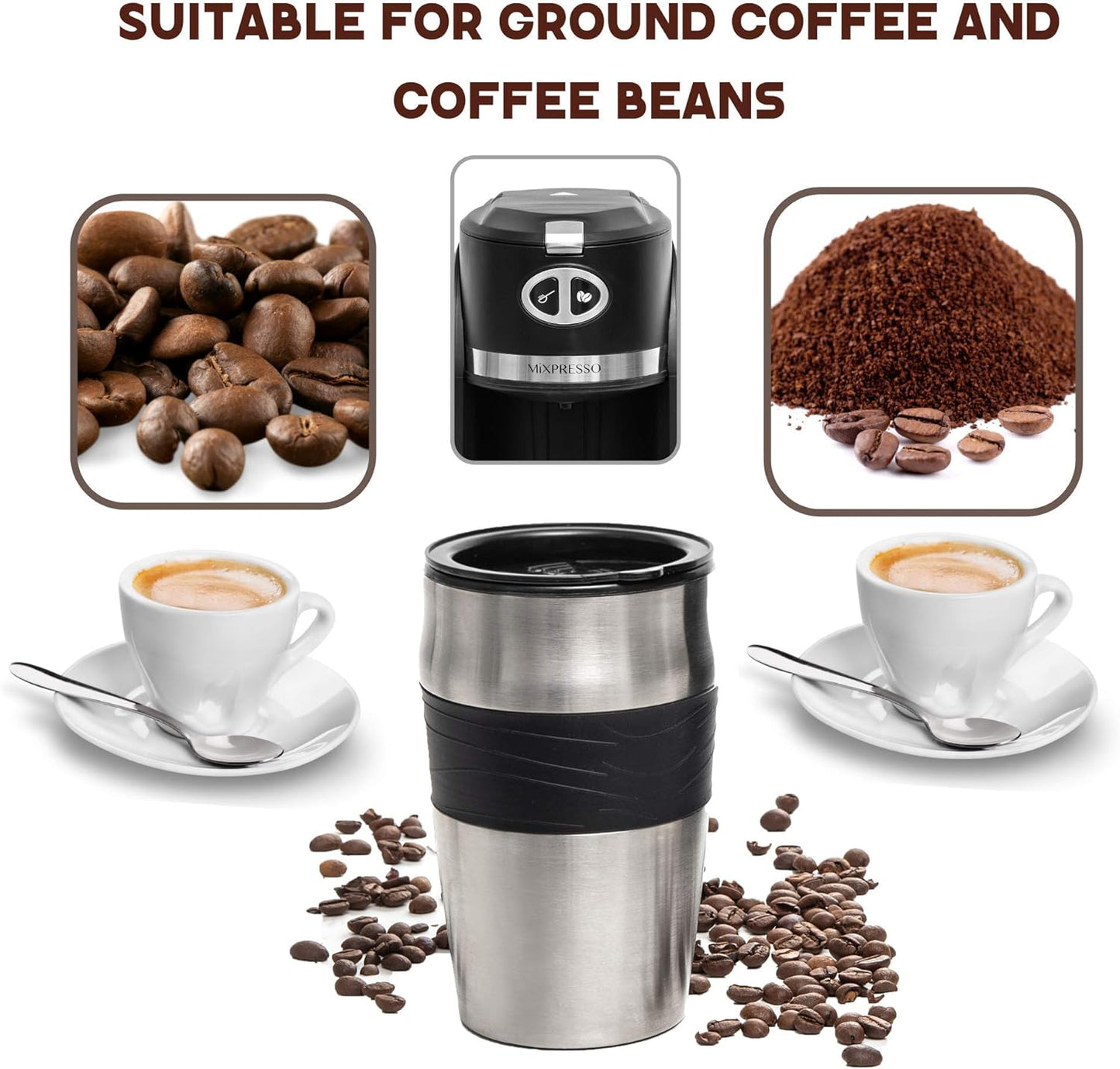 Mixpresso 2 in 1 Grind & Brew Automatic Personal Coffee Maker, Automatic Single Serve Coffee Maker with Grinder Built-In and 14oz Travel Mug, Auto Shut Off Function,Black Travel Coffee Maker