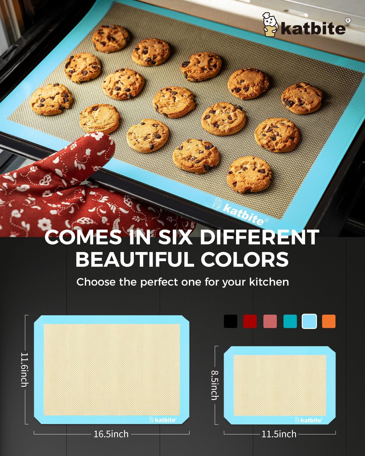 Katbite Silicone Baking Mat Colorful Collection - Set of 3: 2 Half Sheets Mats (11 5/8" x 16 1/2") + 1 Quarter Baking Sheet, Reusable & Nonstick Bakeware Mats for Cookies, Macarons, Bread (Light Blue)