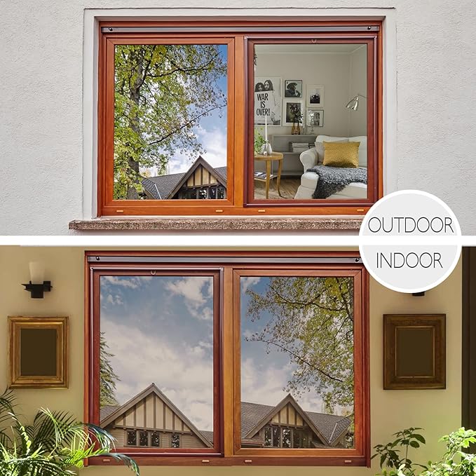 HIDBEA One Way Privacy Window Film, Daytime Mirror Reflective Heat Control UV Sun Blocking Non-Adhesive Static Cling Window Tint for Home and Office (Brown-Silver, 29.5 Inch x 6.5 Feet)
