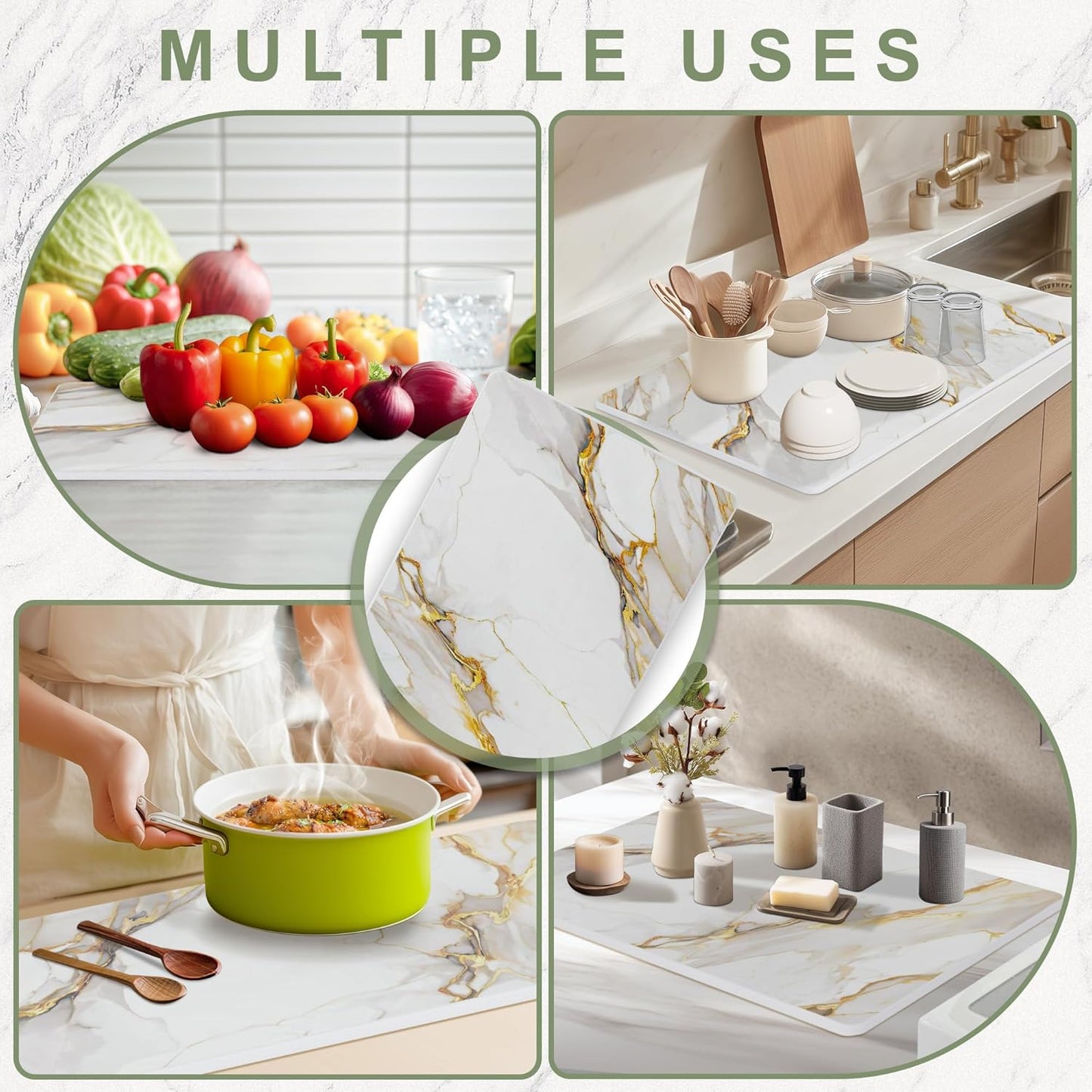 Large Stone Drying Mat for Kitchen Counter, 24" × 16" Diatomite Dish Drying Mat, Quick Dry Stone Mats, Ultra Absorbent Natural Diatomaceous Earth Mats for Dished, Bottles, White Marble