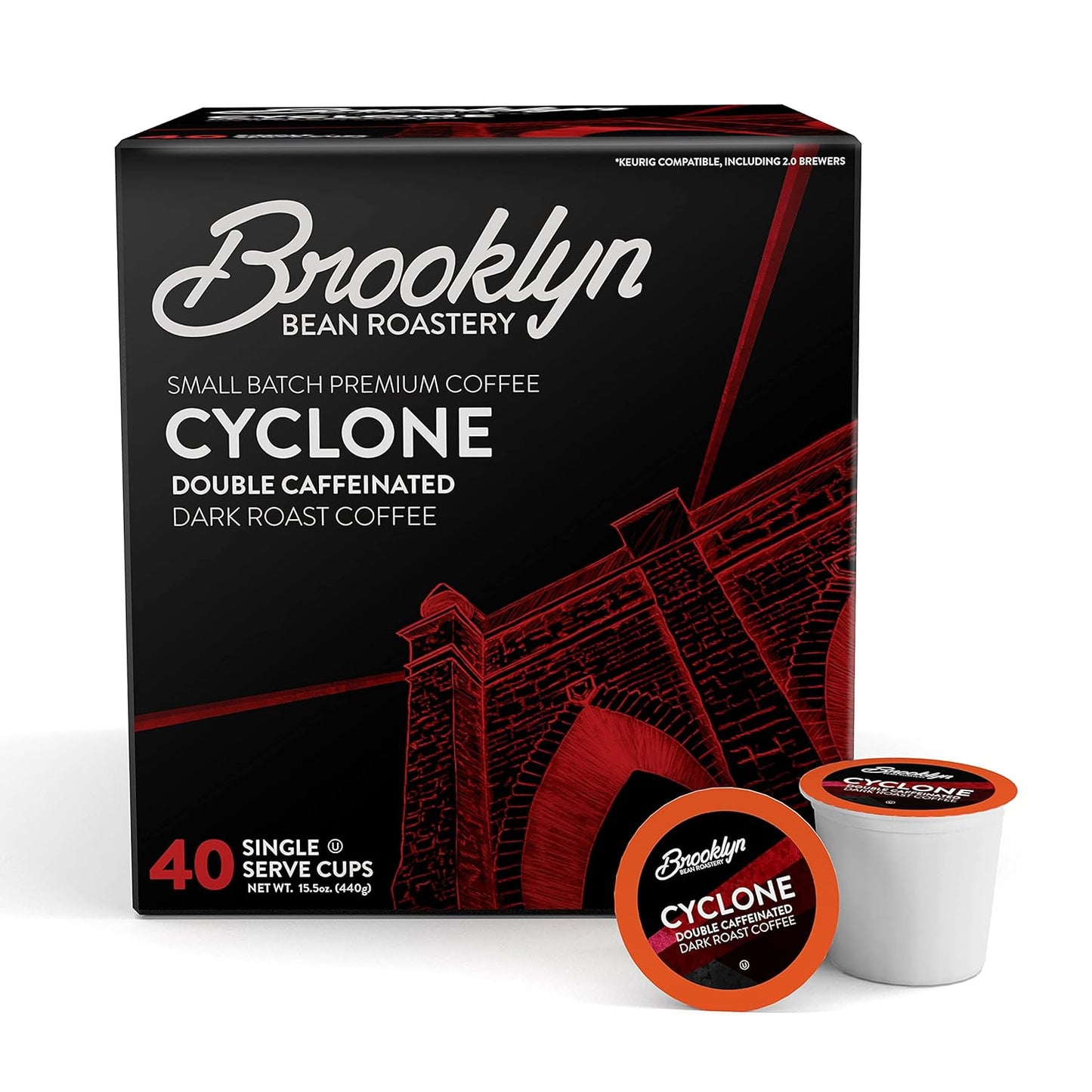 Brooklyn Beans Cyclone Gourmet Coffee Pods - Compatible with Keurig K Cup Brewers Including 2.0 Machines, 40 Count, Strong and Intense Double Caffeine