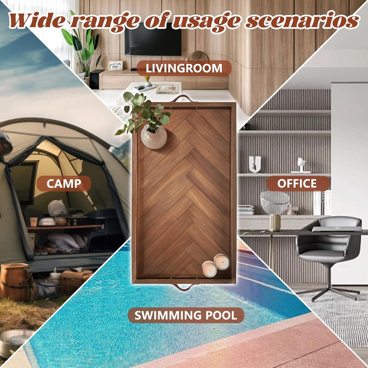 Tray for Ottoman 32 x 18 Inches, Rectangular Ottoman Trays, Extra Large Wooden Tray with Leather Handles, Food Serving Trays for Dinner, Breakfast, Snacks