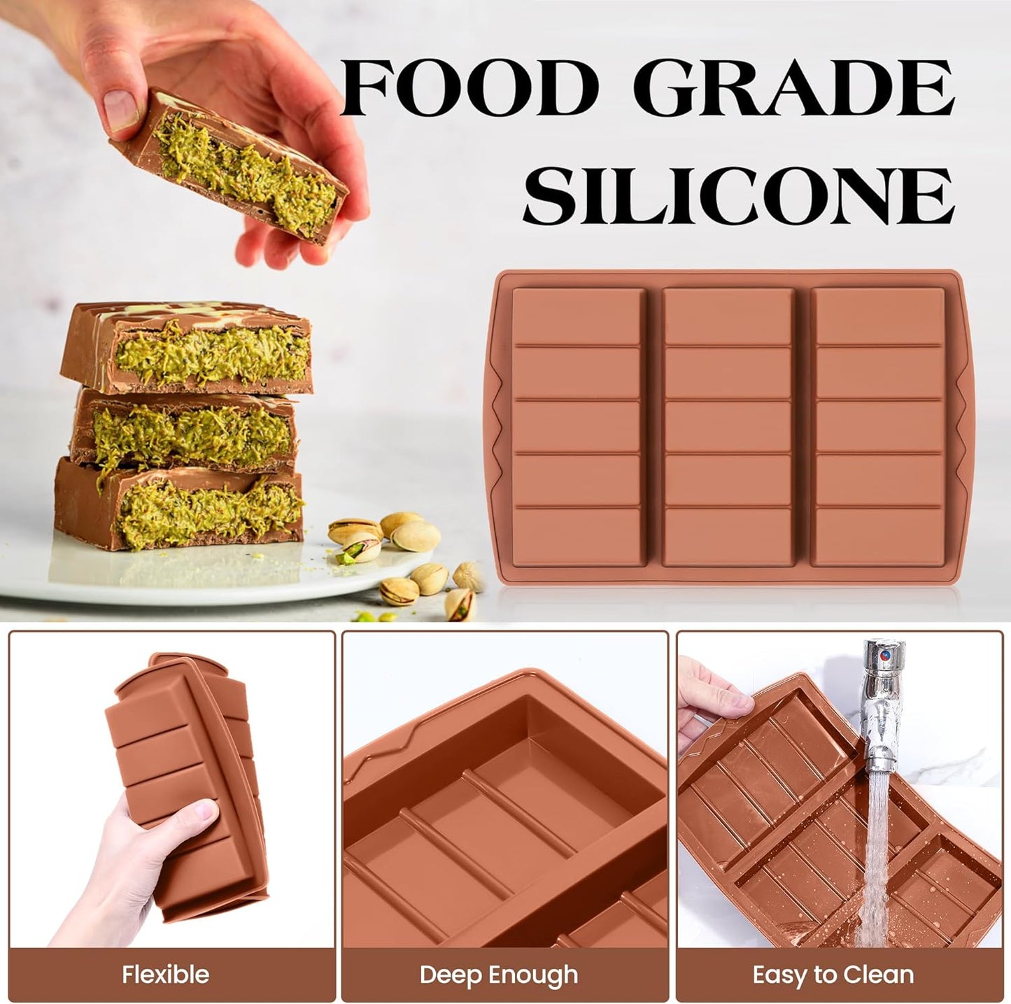 2 Pcs Chocolate Bar Molds Deep Large Chocolate Molds Silicone Break Apart Thick Silicone Molds for Candy Bar, With 100 Pcs Bags and 1 Pc Scraper Set (5 Snap）