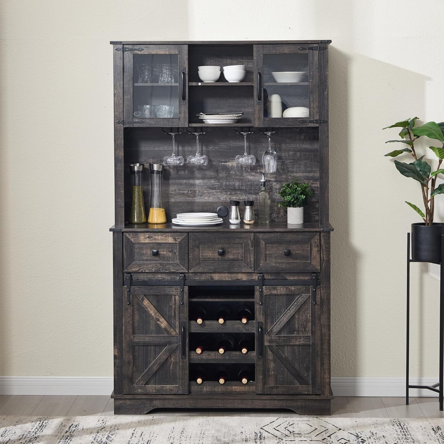 Coffee Bar Cabinet with Sliding Barn Doors 71'' Farmhouse Pantry Cabinet with Drawers & Wine Glass Rack Rustic Buffet Cabinet for Kitchen, Black