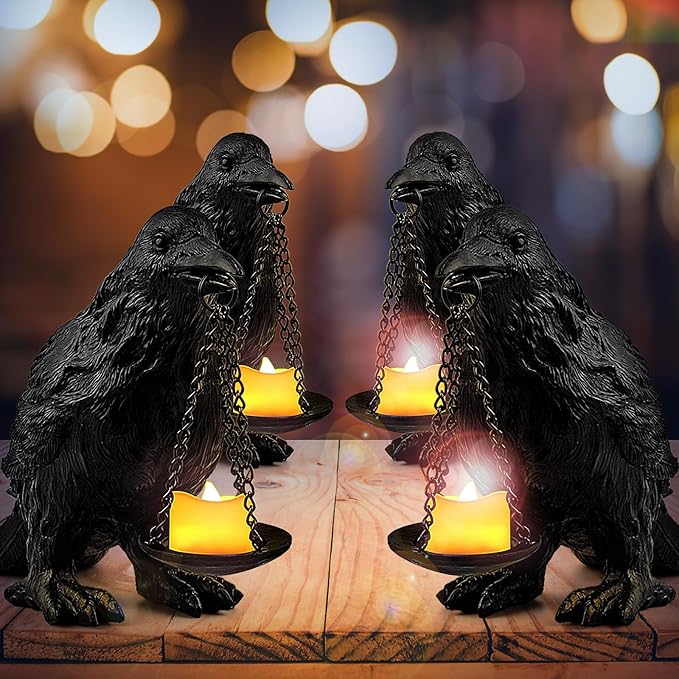 Raven Gothic Home Decor Fake Crow Light Holder Raven Lamp Tealight Candle Holder Resin Raven Statue 4PCS