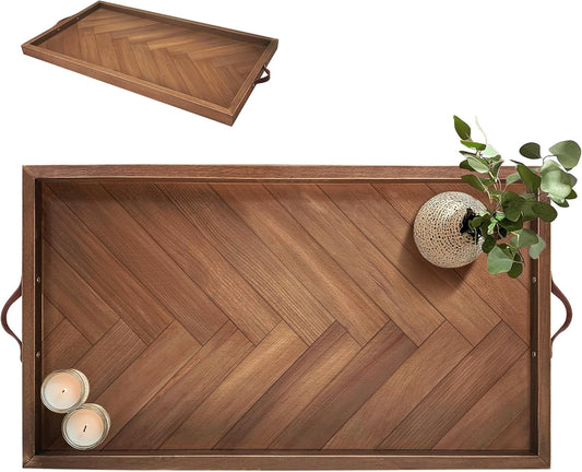 Tray for Ottoman 32 x 18 Inches, Rectangular Ottoman Trays, Extra Large Wooden Tray with Leather Handles, Food Serving Trays for Dinner, Breakfast, Snacks