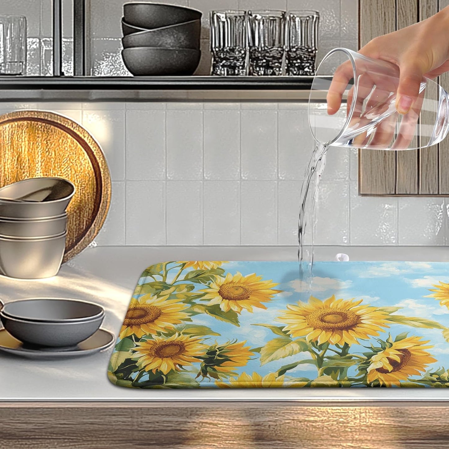 Summer Sunflower Dish Drying Mat for Kitchen Counter Watercolor Rustic Sunflowers Kitchen Dishes Dryer Pad Absorbent Matt Microfiber Washable Foldable Reusable Large 18x24 in