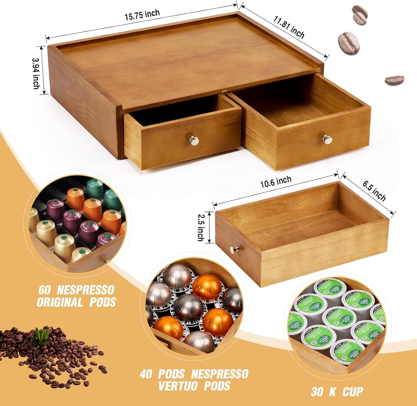 15.8"L X 11.8"W X 4"H Wooden K cup Storage, Keurig Stand With Storage, Coffee Pod Holder Organizer, Desktop Kitchen Storage with 2 Drawers, 30/40/60 Pod Capacity, Natural