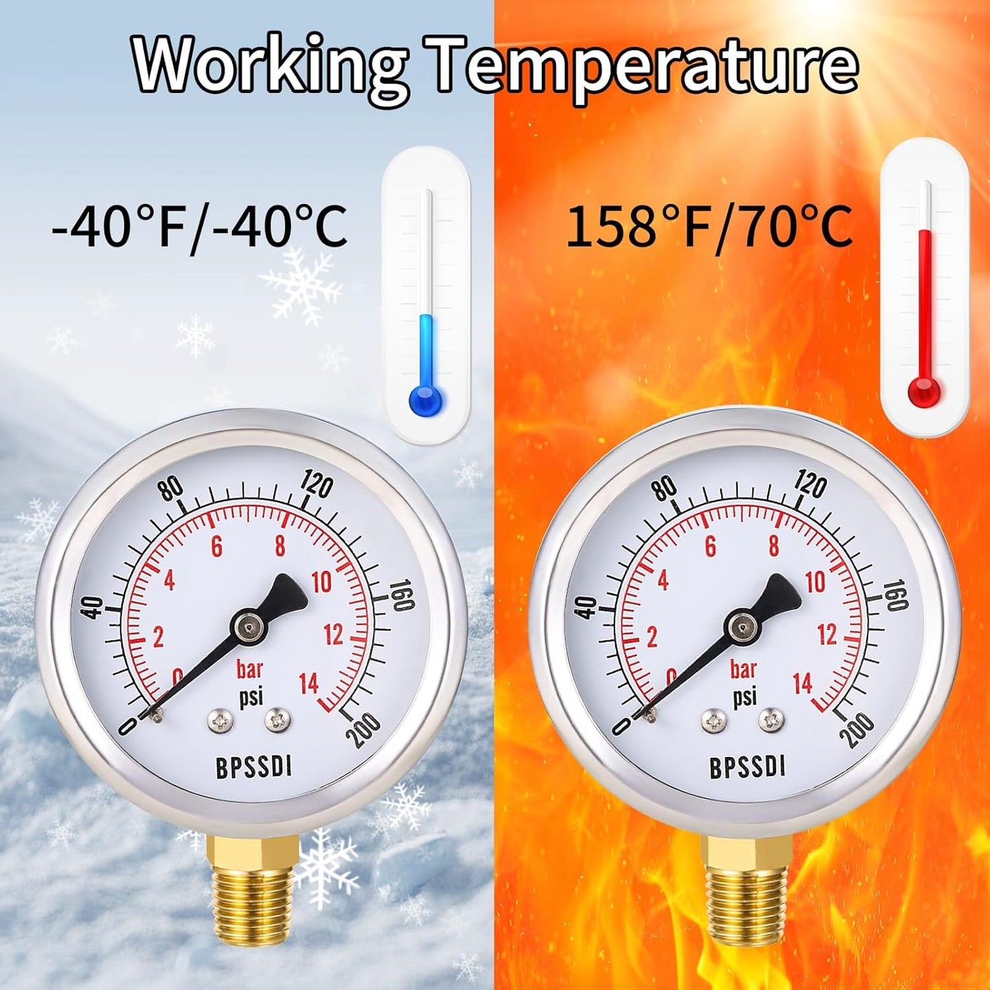 0-200 Psi Pressure Gauge, 2.5" Dial Size, 1/4" NPT Lower Mount, 304 Stainless Steel Case, Water Pressure Gauge Test for Pool Pump, Sand Filter, Air Compressor, Espresso(with Tape)