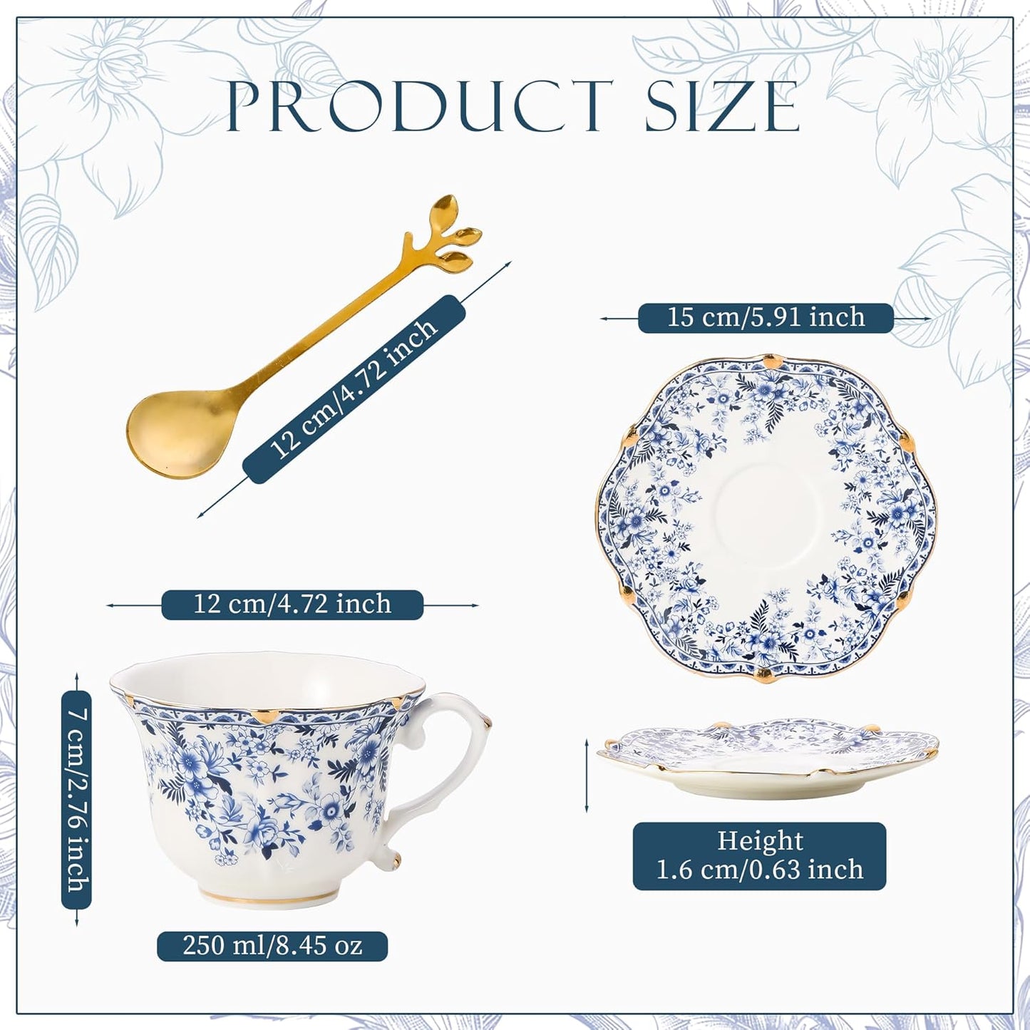 TATSUMI Country Roses Bone China Tea Cup and Saucer Set, 3 Pieces, Vintage Style, For Women and Tea Parties(QH,1 Set)