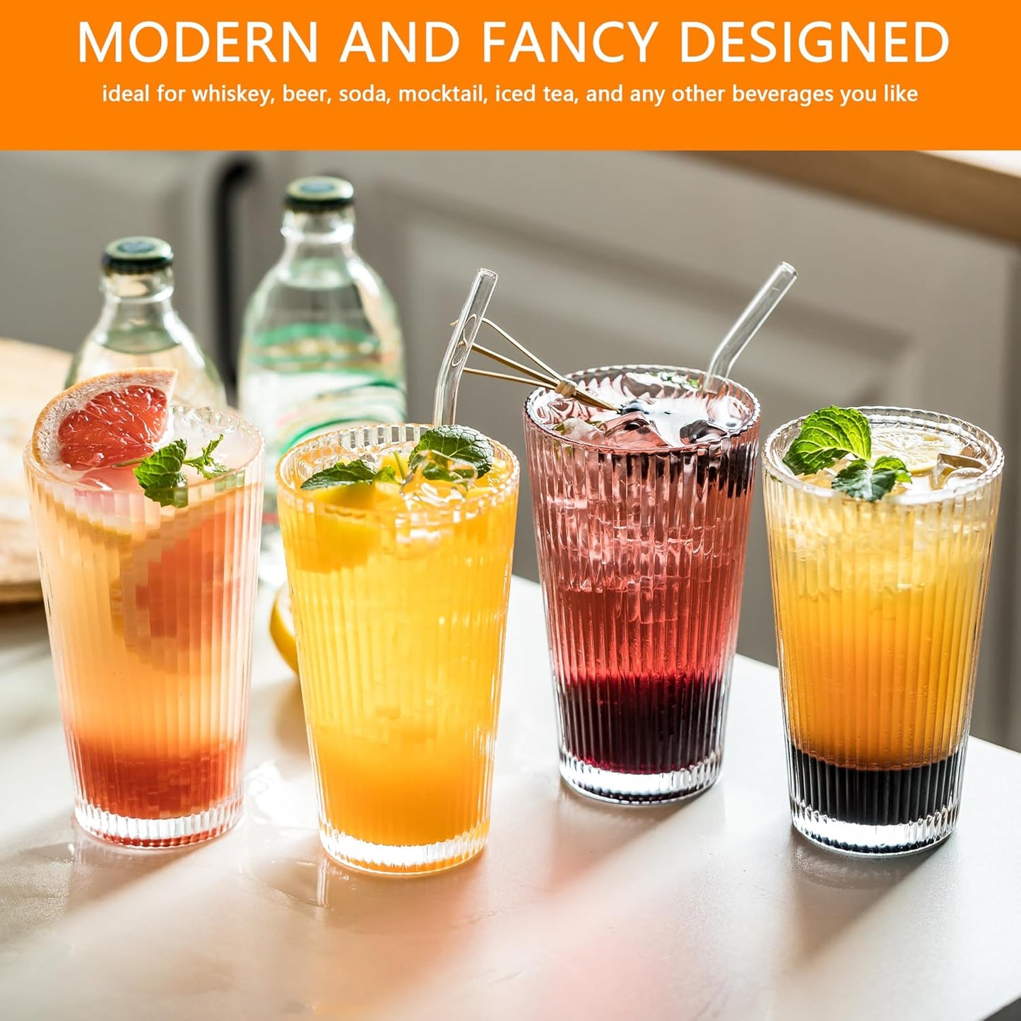 KEMORELA 4-Pack Ribbed Drinking Glasses, 16 oz Vintage Highball Cups with Glass Straws, Old Fashioned Glasses, Elegant Tumblers for Water, Juice, Whiskey - Perfect for Iced Coffee and Cocktails