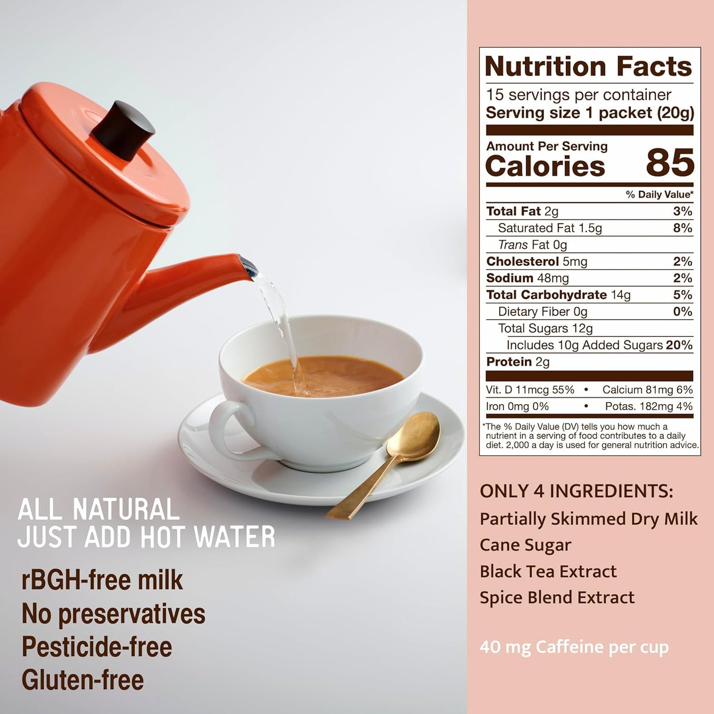 Jaipur Avenue Saffron Chai Tea Mix Crafted with All-Natural Assam Black Tea, Saffron, Cardamom, Cane Sugar, and Premium Dry Milk - Preservative-Free, Gluten-Free (15 Servings)