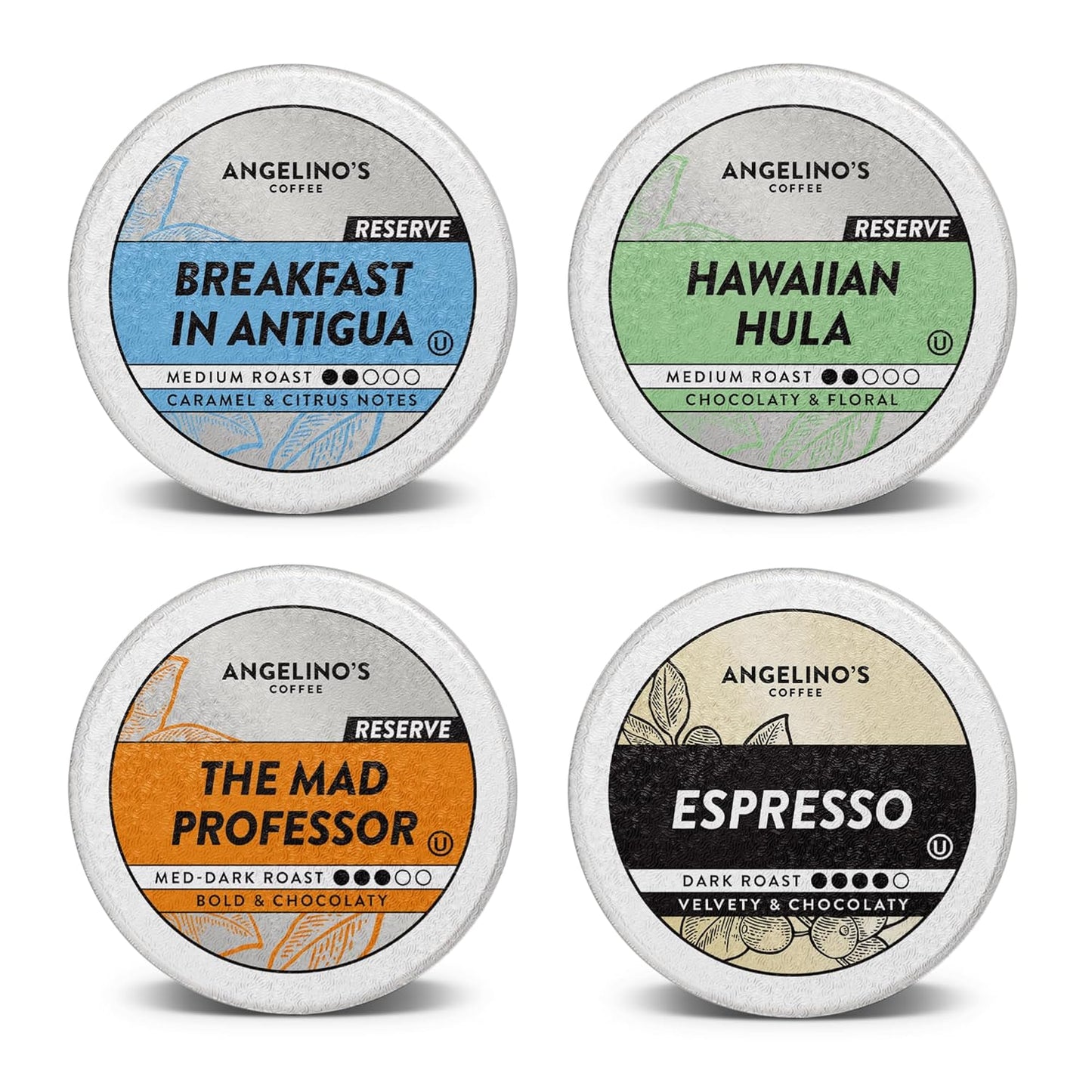 Angelino's Coffee Reserve Collection Coffee Pods Variety Pack, Medium & Dark Roast Coffee K Cups Compatible, 96 Count for Keurig Brewers, Includes Breakfast in Antigua, Hawaiian Hula, Mad Professor, and Espresso