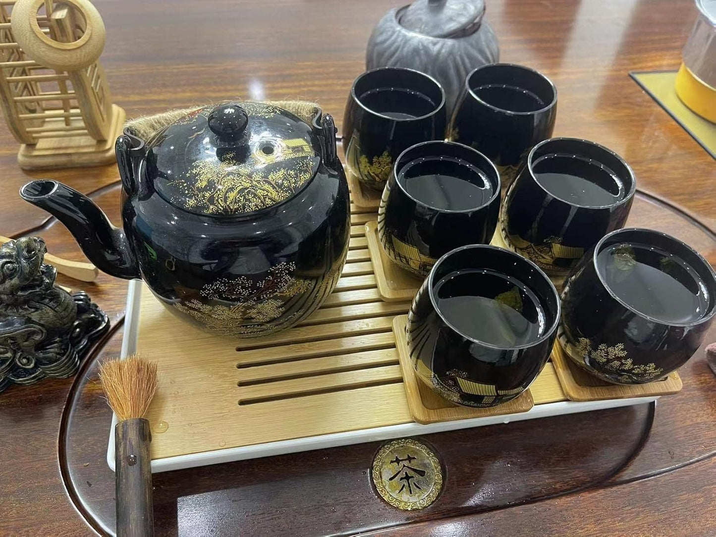 Japanese Tea Set, Black Glazed Tea Set in Gift Box With 1 Teapot, 1 Tea Strainer, 1 Tea Tray and 6 Tea Cups. Ideal Tea Set for Office Home, Asian Tea Sets for Tea Lovers(Country Black)