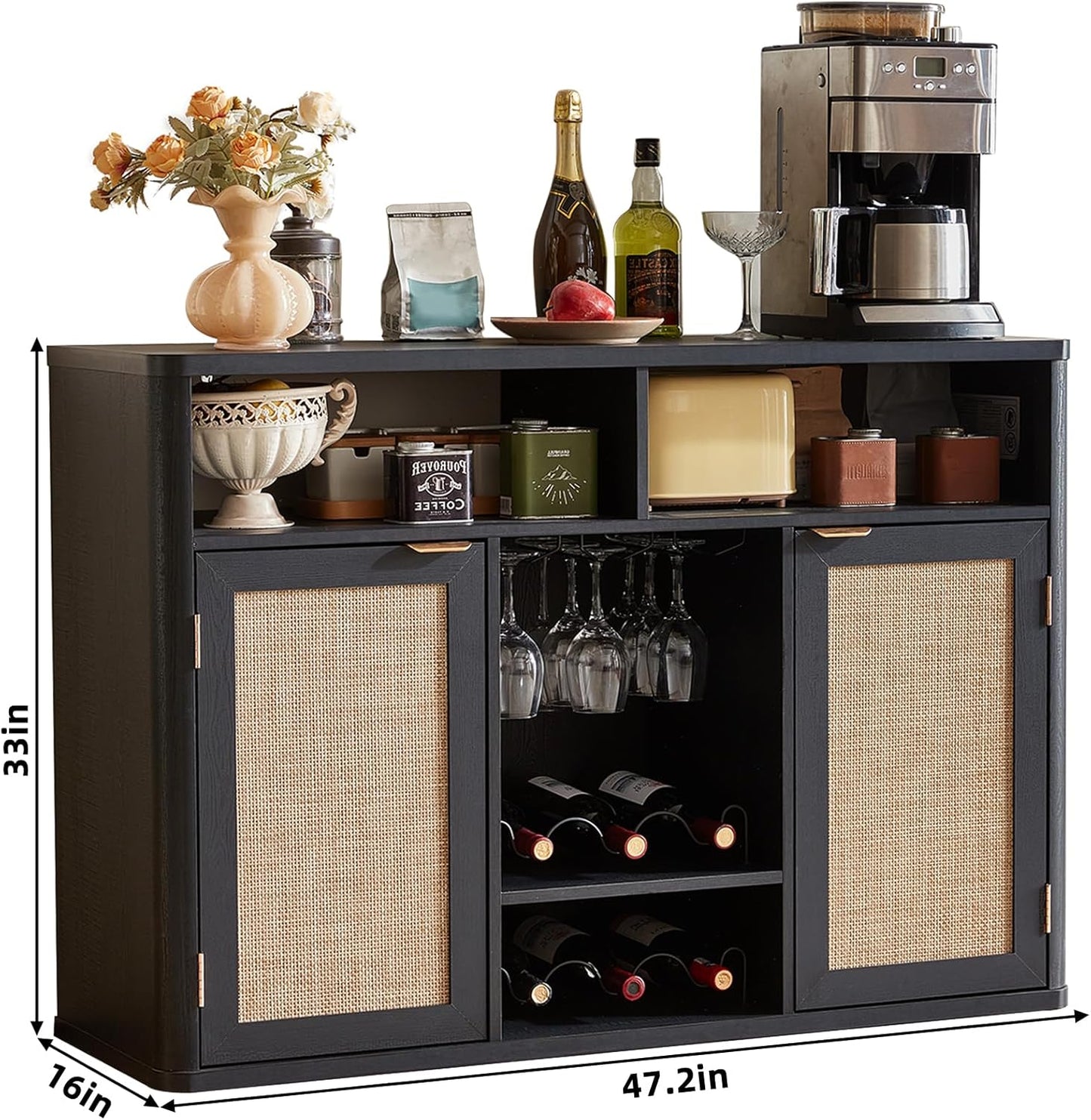 Lerliuo 47.2" Rattan Wine & Liquor Cabinet with 2 Doors, Boho Farmhouse Coffee Bar Station, Built-in Wine Racks & Storage, Adjustable Shelves for Living Room, Dining Room, Kitchen, Black