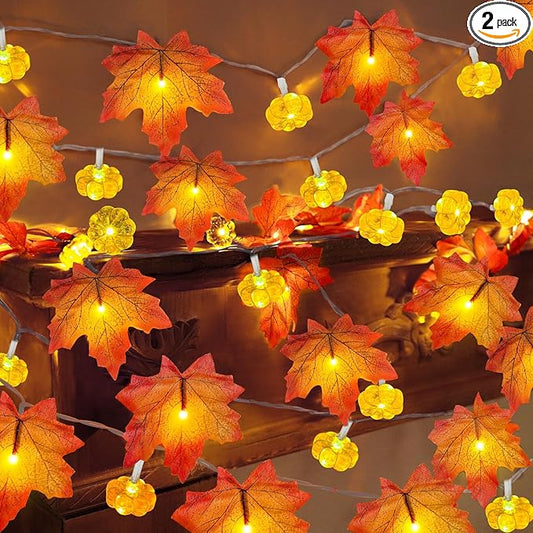 2 Pack & Timer - Fall Garland with Pumpkin Lights Halloween Fall Decor for Home 60LED 20Ft Enlarged Maples Leaves Halloween Garland Lights Indoor Battery Operated Thanksgiving Decor Wedding Christmas