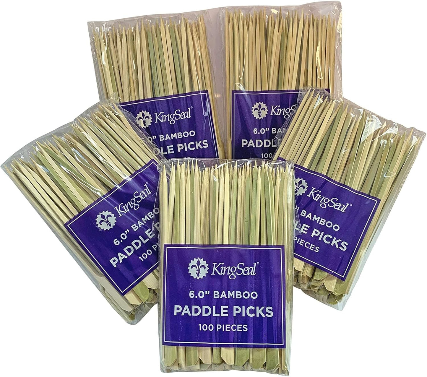 KingSeal Natural Green Bamboo Wood Paddle Picks, Skewers for Appetizers and Cocktails, 6.0 Inches - 5 Packs of 100 Each (500 Count)