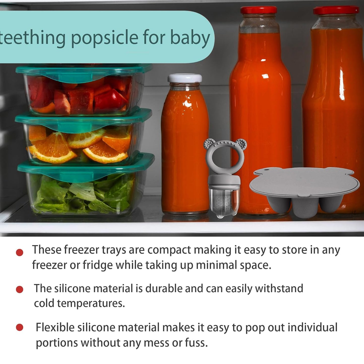 Silicone Baby Food Freezer Tray with Teething Popsicle Molds - Baby Fruit Feeder and Breastmilk Teether Combo