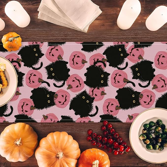 Halloween Table Runner Black Cat Pink Pumpkins Seasonal Kitchen Dining Table Home Outdoor Party Decorations 13x108 Inch