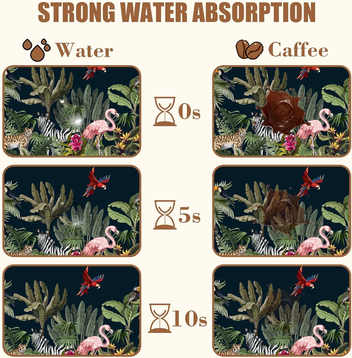 Jungle Animals Coffee Mat Tropical Dish Drying Mat for Kitchen Counter Absorbent Hide Stain Rubber Backed Coffee Bar Accessories Fit Under Espresso Machine Cafe Table, 15.7 x 23.6 Inch