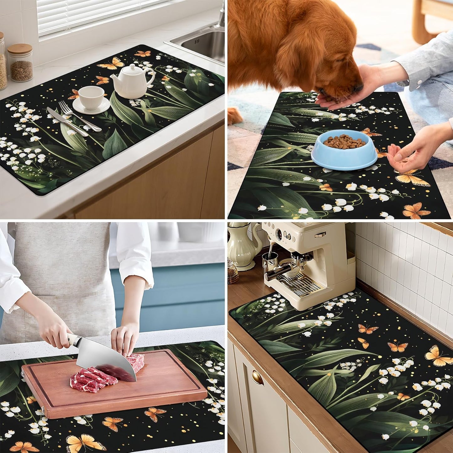 17"x 32" Coffee Bar Mat, White Campanula Absorbent Dish Drying Mat Cuttable Hide Stain Draining Table Pad for Kitchen Counter, Coffee Bar Accessories