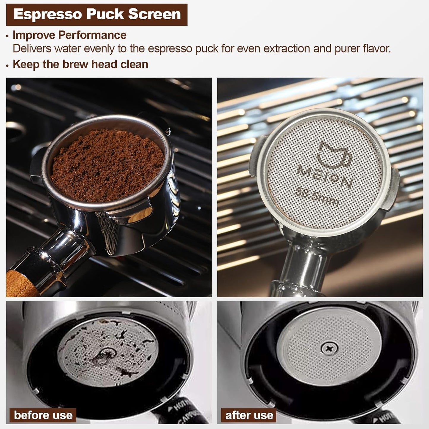 MEION 58mm Espresso Dosing Funnel and 58.5mm Puck Screen Set for 58mm Portafilters, Magnetic Coffee Portafilter Funnel, Reusable Espresso Puck Screen, Espresso Tools Accessories (Silver, 58mm)