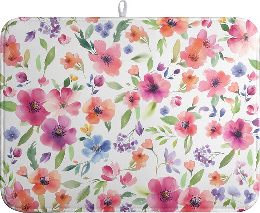 Spring Floral Dish Drying Mat Flowers Summer Kitchen Mat Dish Drying Pad Absorbent Dish Dryer Mat for Kitchen Countertops Microfiber Dishes Drainer Pad Dish Drying Rack Mat (18x24 in)
