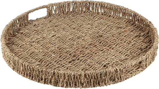 Round Ottoman Tray Large Wicker Serving Tray with Handles for Coffee Table, 20 Inch Handwoven Natural Seagrass Tray