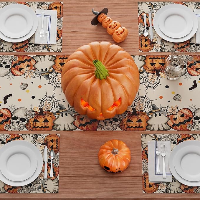 XCHI Spooky Skeleton Ghost Pumpkin Halloween Table Runner Party Table Decoration for Home Kitchen Dining Holiday Decor 13x120 Inch