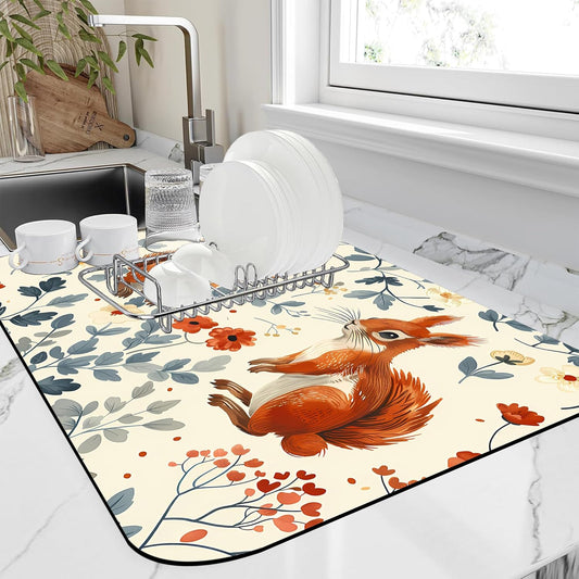 Dish Drying Mat Squirrel in the Flowers Kitchen Mat 16"x24" Bsorbent Coffee Maker Mat for Dishes,Utensils Coffee Maker Pots and Pans Easy Clean Dish Slip Resistant Pad
