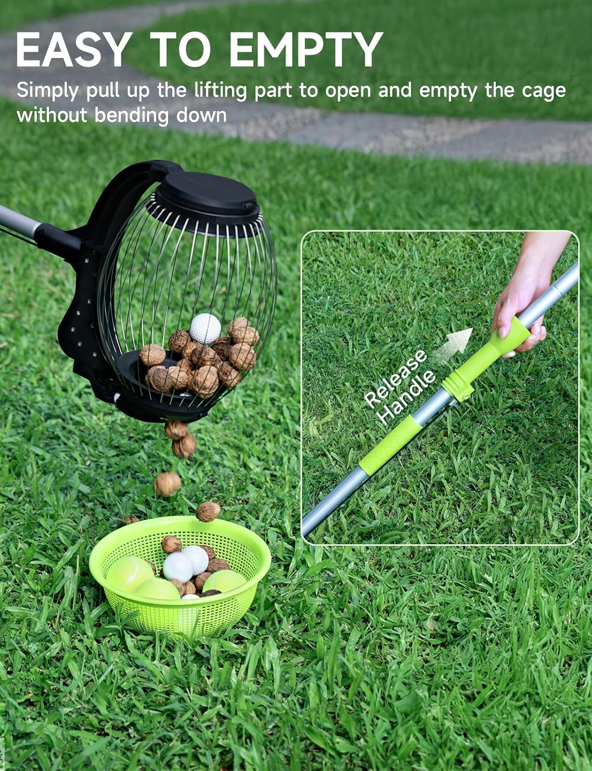 Nut Gatherer for Walnuts with 1.8-Gallon Capacity, No-Bend Emptying Design，Acorn Picker Upper Roller Suitable for 1.2"-3.6" Walnuts,Chestnuts, Fallen Apples & Tennis Balls(No Small Acorns)