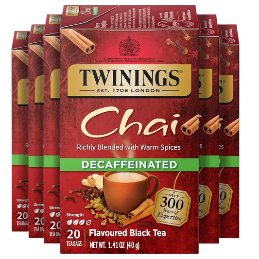 Twinings Decaffeinated Chai Individually Wrapped Bags, 20 Count (Pack of 6), Sweet, Savoury Spices, Enjoy Hot or Iced, 120 Teabags