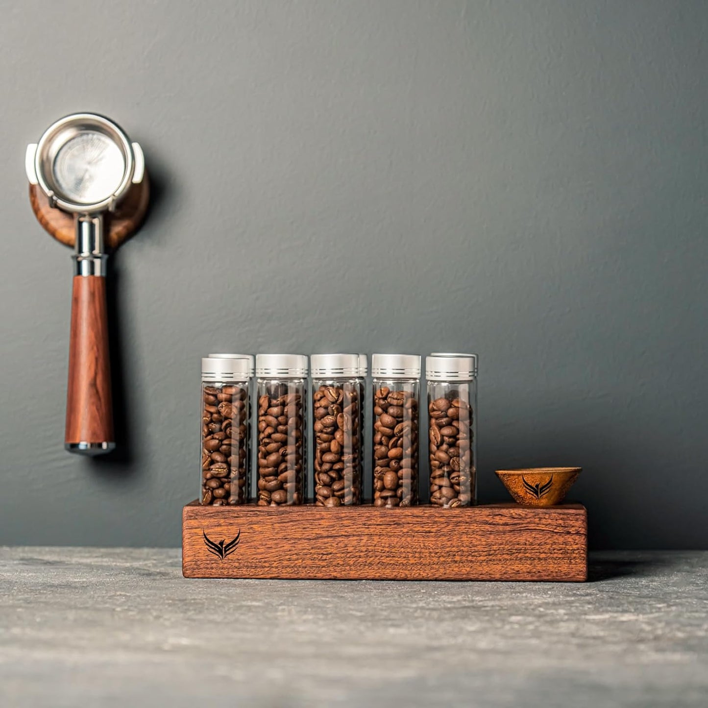 Single Dose Coffee Bean Storage Tubes Coffee Bean Cellar 10 Pcs Dosing Glass Vials With Lids (2 Oz) Wooden Display Stand And Funnel