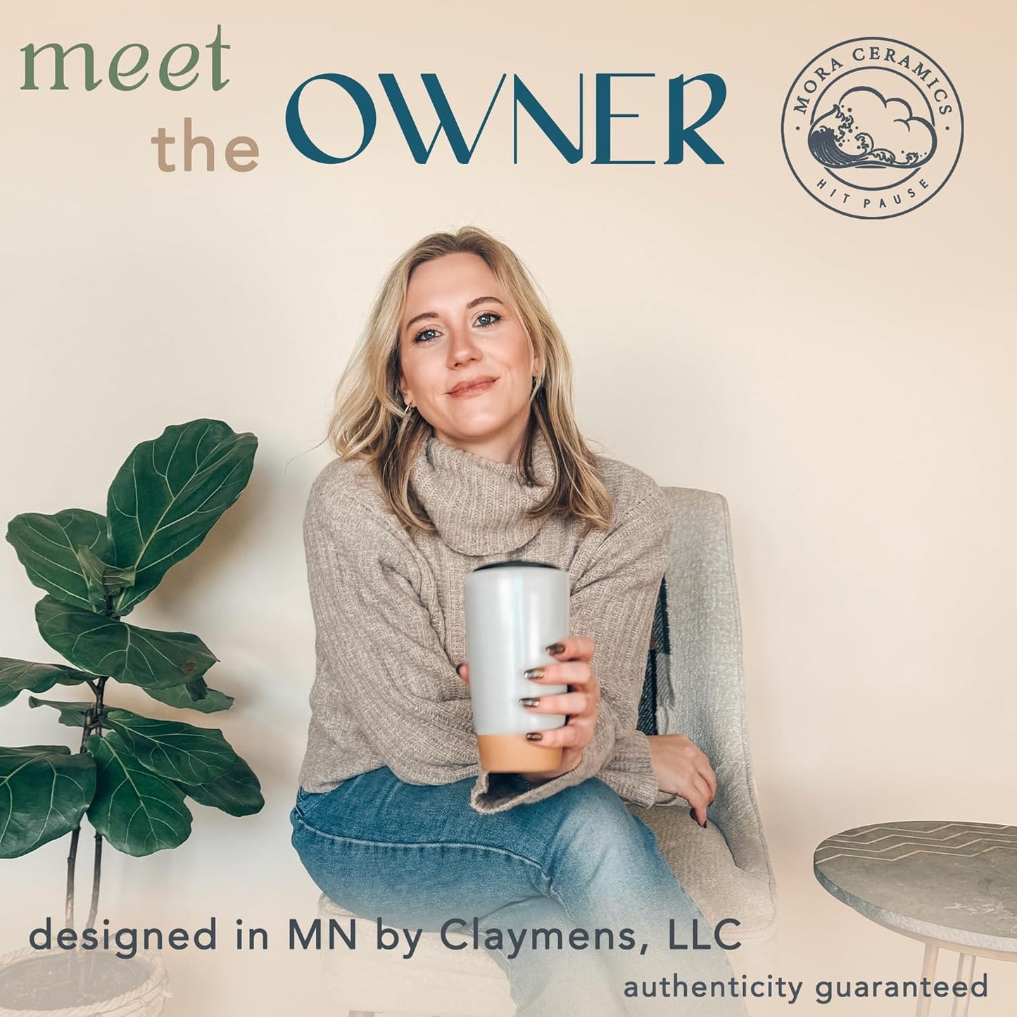 Mora Double Wall Ceramic Coffee Travel Mug with Lid, 14 oz, Portable, Microwave, Dishwasher Safe, Insulated Reusable Tall Cup, Splash Resistant Lid - To Go Tumbler for Car Cup Holder, Overcast Grey